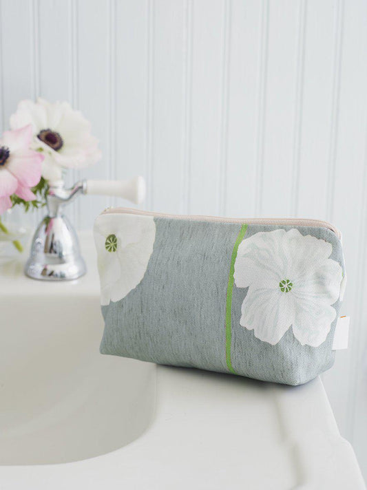 Makeup Bag - White Poppies on Grey